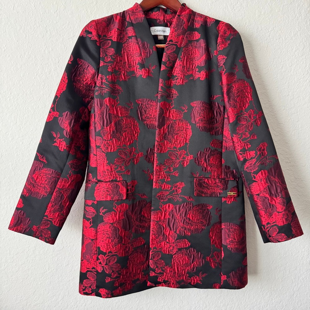 Calvin Klein Womens 14 Red Black Floral Jacquard Open Front Blazer Jacket